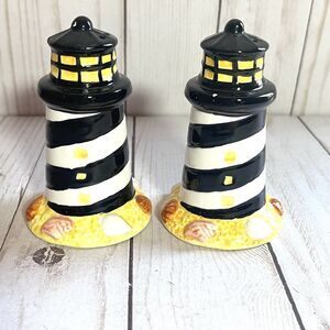 Lighthouse Black & White Salt & Pepper Shakers Hand Painted